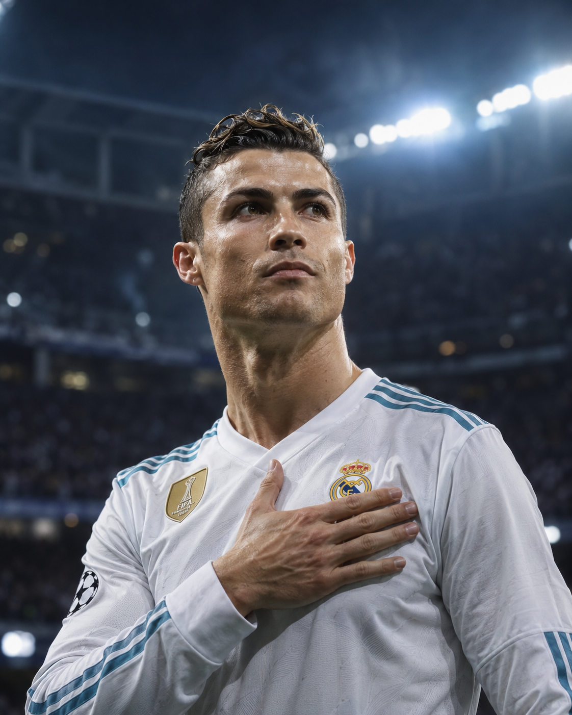 AI-generated portrait of Cristiano Ronaldo in a white football jersey under stadium lights